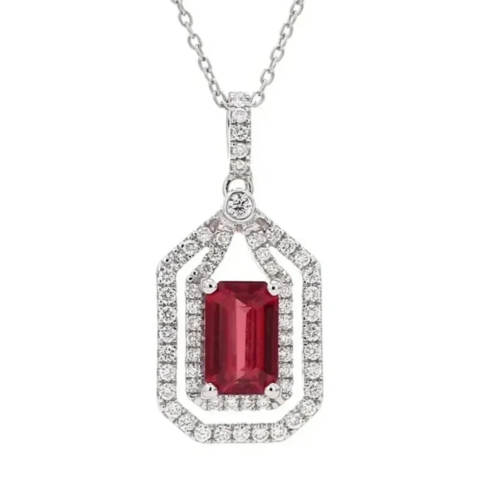 💥 Double Layer Hollow Ruby Radiant Cut Red Zircon Micro Pave Necklace, EVGG1067 - Picture 4 of 6
